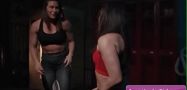  Naughty big tit lesbian wrestlers Ariel X, Sinn Sage kissing tender and fuck each other in the locker room